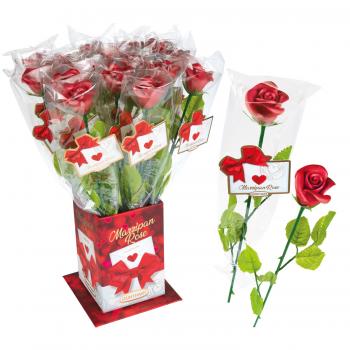 Rote Marzipan-Rosen am Stiel mit Sprüchen&Schleife, einzeln in Cellophan verpack